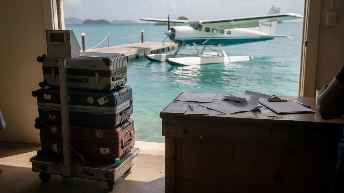 Transfer desk at the seaplane terminal in Malé with luggage waiting to be weighed