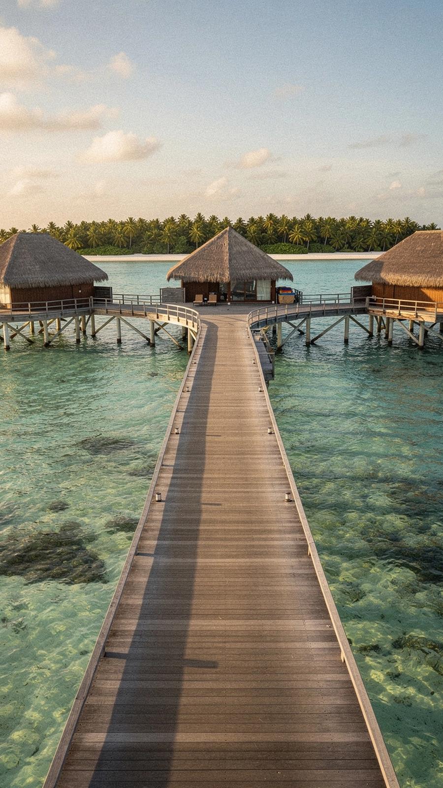 Overwater villas and jetty on a Maldives atoll at dusk