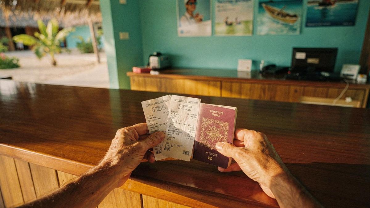 Guest holding resort fee receipts and a passport at a Male hotel reception desk