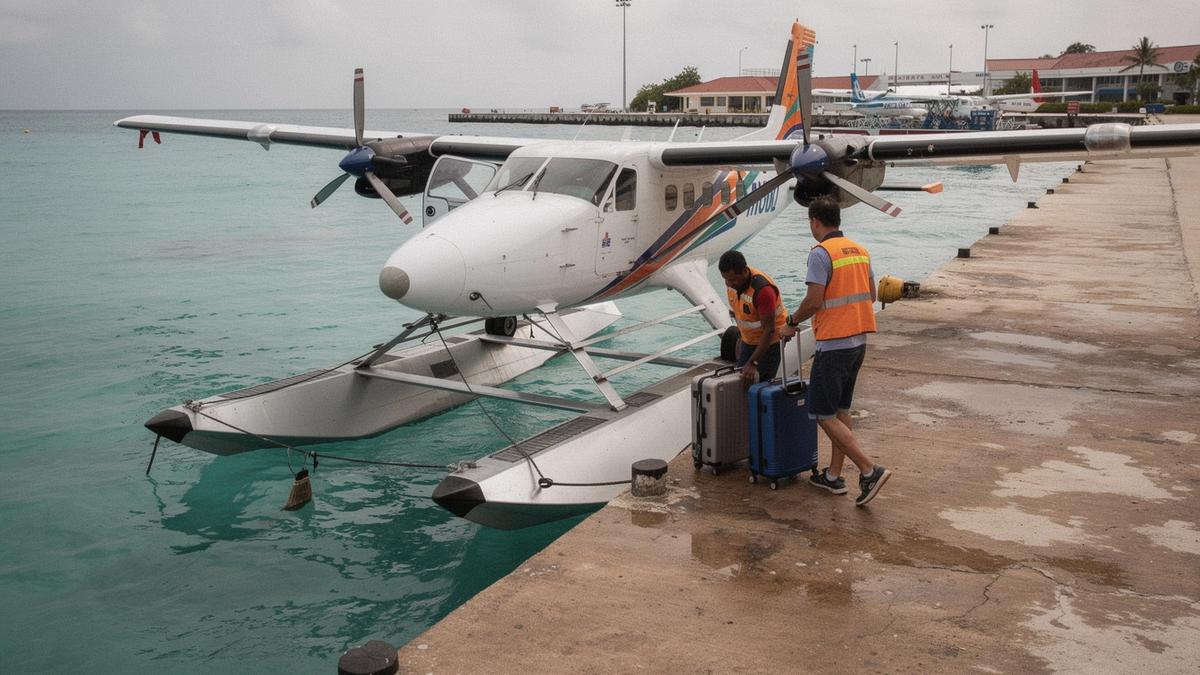 Scheduled seaplane on the lagoon at Malé with luggage loaded before a resort transfer