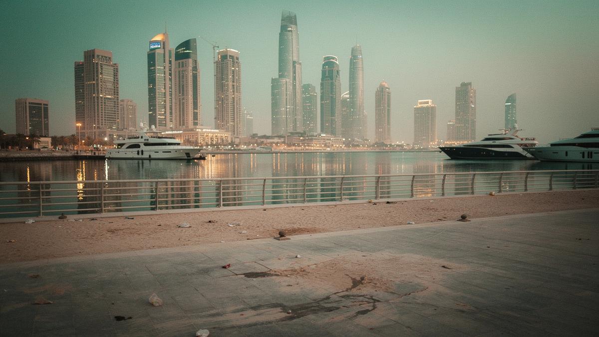 Dubai marina skyline at dusk seen from a promenade